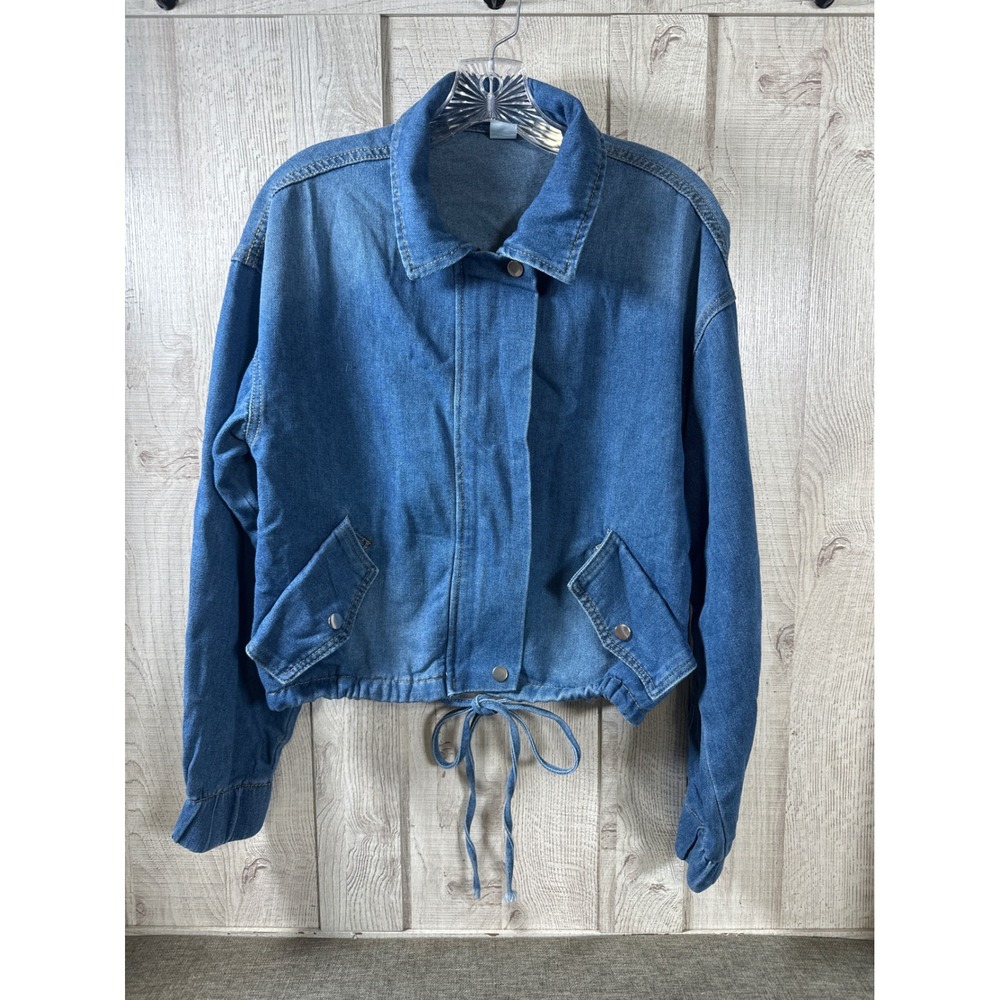 Women Medium Wash Cropped Denim Full Zip Bomber Jacket Drawstring Hem Blue Small